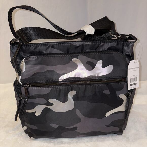 Time and Tru Women’s Nylon Camo Crossbody Bag Black & Silver NEW w Tags - Picture 1 of 13